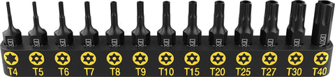 Tamper Resistant Torx Bit Set 13 Piece T4 Through T40 S2 Alloy Steel Impact Grade Security Bits With One Quarter Inch Hex Shank