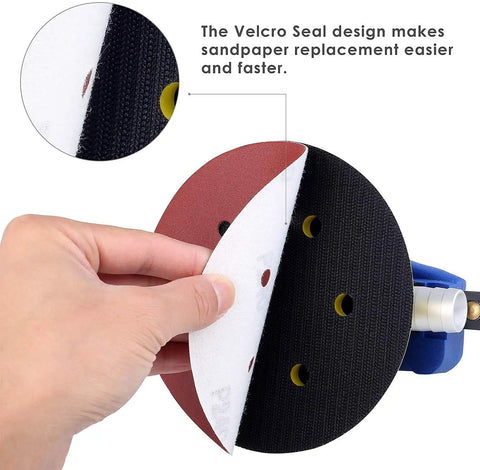 Hand peeling sandpaper from 6 Inch Air Random Orbital Sander With Pro Grade Pneumatic Power Includes Hose And Dust Bag