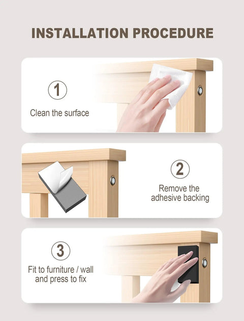 Installation steps for Heavy Duty Eva Foam Headboard Stoppers And Wall Protectors showing cleaning, applying, and fitting.