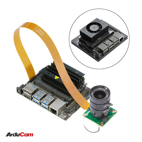 Day And Night Vision IMX477 HQ Camera For Jetson Orin NX connected to developer board with 12MP lens and cable