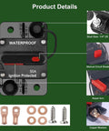 Detailed view of Badass 50 Amp Circuit Breaker featuring waterproof design, manual reset, and included mounting hardware.