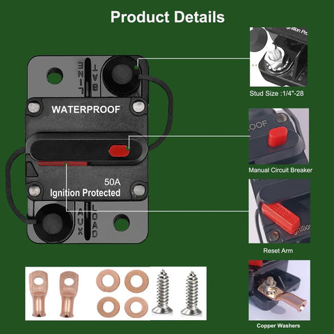 Detailed view of Badass 50 Amp Circuit Breaker featuring waterproof design, manual reset, and included mounting hardware.