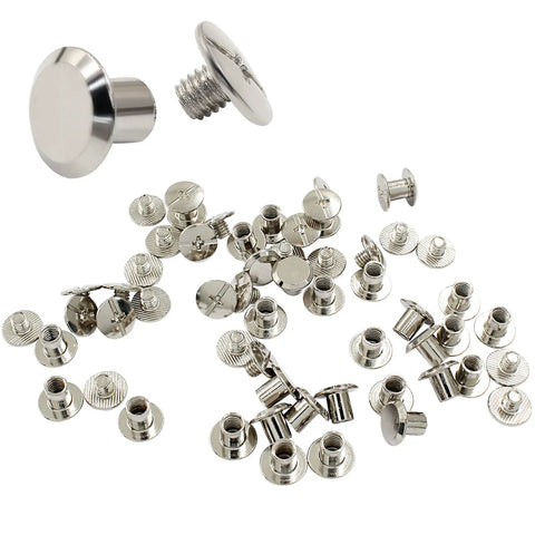 Top Tier Heavy Duty Phillips Head Chicago Screws M4 X 6mm Nickel Plated Tubular Fasteners Rust Fighting Metal Hardware 30 Piece Kit close-up view of screws and fasteners