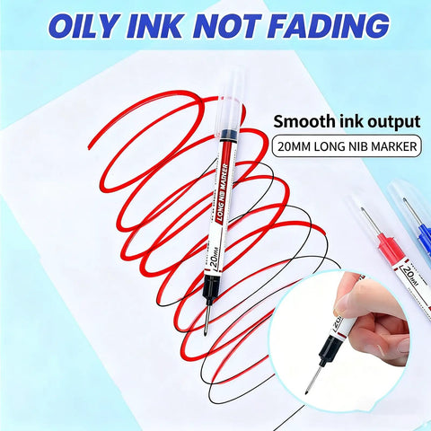 Long Head Deep Hole Marker Pens 5 Pack, 20mm Quick Dry Waterproof Long Nib Permanent Markers on paper with red and black ink swirls