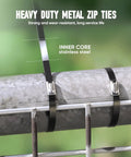 Heavy Duty Stainless Steel Zip Ties 11.8 Inch 100 Count for Outdoor Use securing a metal pipe