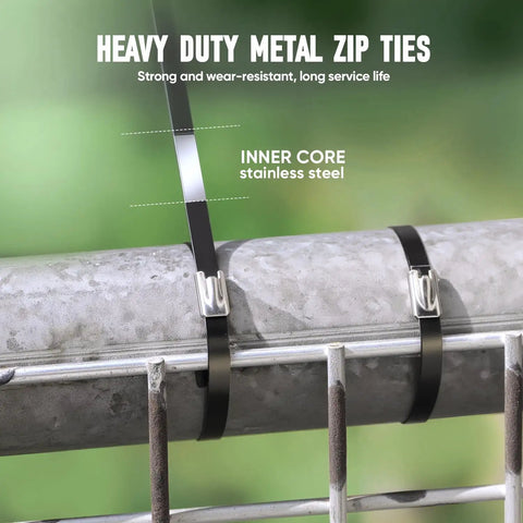 Heavy Duty Stainless Steel Zip Ties 11.8 Inch 100 Count for Outdoor Use securing a metal pipe