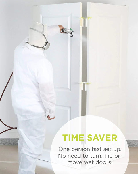 Door Painting Stand Kit For Easy Spray Jobs Holds Up To Eight Doors Time Saving Setup with a person spraying a white door