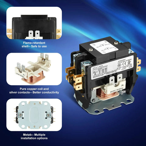 Heavy Duty 40 Amp 24V AC Contactor For Air Conditioner Two Pole Definite Purpose NO Coil With Silver Alloy Contacts shown