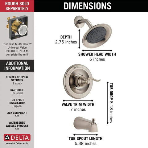 Dimensions detail of Brushed Nickel Tub And Shower Faucet Trim Kit With Shower Head And Handle Stainless BT14496-SS