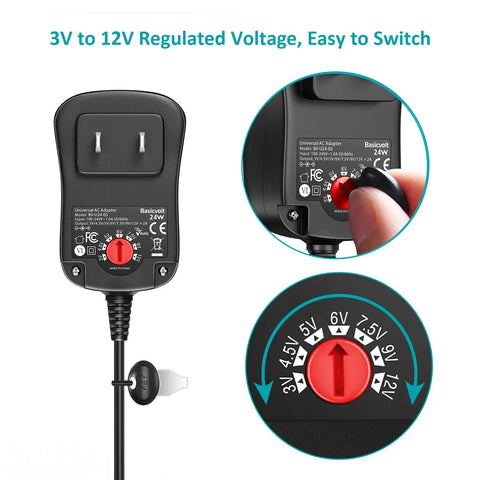 Do It All 24W AC To DC Power Adapter Kit showing 3V to 12V selector and interchangeable barrel plug details