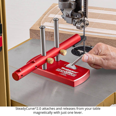 SteadyCurve 2.0 Band Saw Template Guide With Magnetic Base And Adjustable Blade Offset attached to workbench