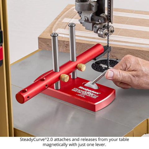 Replacement Pattern Follower Tips For Half Inch Band Saw Template Guide with SteadyCurve®2.0 on workshop table for precise cutting.