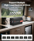 Beefy 4000W Power Inverter converts 12V DC to 120V AC modified sine wave, showcasing multiple outputs in a modern kitchen.
