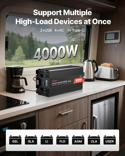 Beefy 4000W Power Inverter converts 12V DC to 120V AC modified sine wave, showcasing multiple outputs in a modern kitchen.