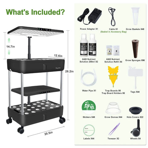 Indoor Hydroponic Garden System With LED Grow Light Dual Tier 44 Pod Kit, image shows components and dimensions.