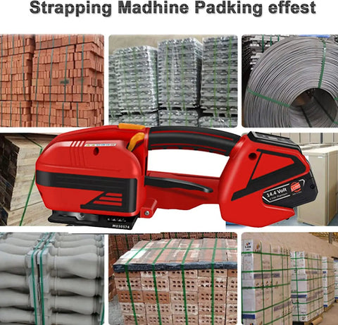 Professional Heavy Duty Electric Strapping Machine Handheld Automatic Melting Welder Rechargeable Battery Powered Strap Banding Tools For Built Tough Plastic Packaging And Cargo Securing on display with various packaged products.
