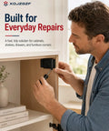 Man using screwdriver to install Beefy Heavy Duty Stainless Steel Corner Brackets With Screws for cabinet repair, focus on bracket