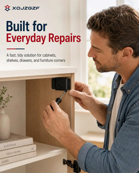 Man using screwdriver to install Beefy Heavy Duty Stainless Steel Corner Brackets With Screws for cabinet repair, focus on bracket