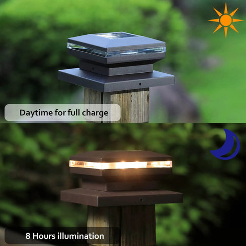 4 Pack Solar Post Cap Lights for Outdoor Decor Fits 4x4 5x5 6x6 Vinyl and Wood Posts with Black Shells Easy Install and Weatherproof Design Warm White LED Lighting for Garden Fence Deck Patio on post in day and night view
