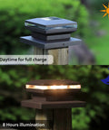 Six Pack Solar Post Cap Lights For Outdoors Black Shell LED Caps That Fit 4x4 5x5 6x6 Vinyl Or Wood Posts Easy Assembly Warm White LED Lighting For Garden Fence Deck And Patio shown illuminating at night