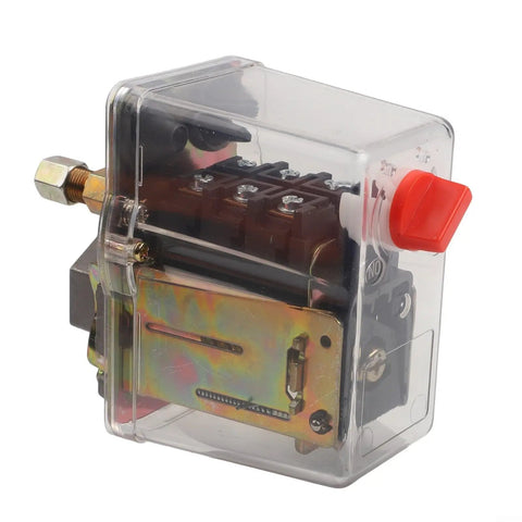 Three Phase Air Compressor Pressure Switch Controller For 380V And 400V Systems, Automatic Rocker Switch With Adjustable 5 To 8 Bar Range, 3 Wire Connection, Built For Heavy Duty Industrial Use, Tough As Nails Performance, clear cover with red knob