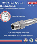 3/8 Inch Stainless Steel Flex Hose Npt Male Jumper 40 Inch Long For Air Compressors with high pressure gauge showing 870 PSI