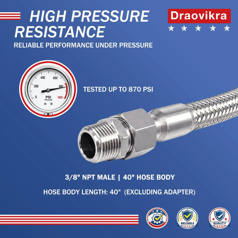 3/8 Inch Stainless Steel Flex Hose Npt Male Jumper 40 Inch Long For Air Compressors with high pressure gauge showing 870 PSI