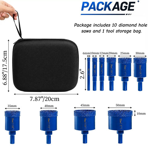 Top Rated 10 Pc Diamond Hole Saw Kit With Serrated Brazed Cutting Bits, Triangle Shank Guide Jig And Bag For Drilling Ceramic Tile Glass Granite Porcelain Smoothly Dry Or Wet Installation Projects, black bag and 10 blue bits