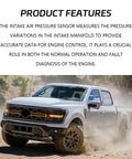 Truck demonstrating the use of an Intake Air Temperature And Pressure Sensor Map Sensor For Chevy And GMC Vehicles Including Silverado Malibu Equinox Sierra 2500 3500 Cascada 12681993 0828000630 Easy Drop In Replacement, capturing intake manifold pressure data.