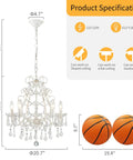Five Light Crystal Candle Chandelier With Adjustable Chain And E12 Base For Bedroom Hallway Rustic White Ceiling Fixture shown with dimensions and compatible ceiling types.