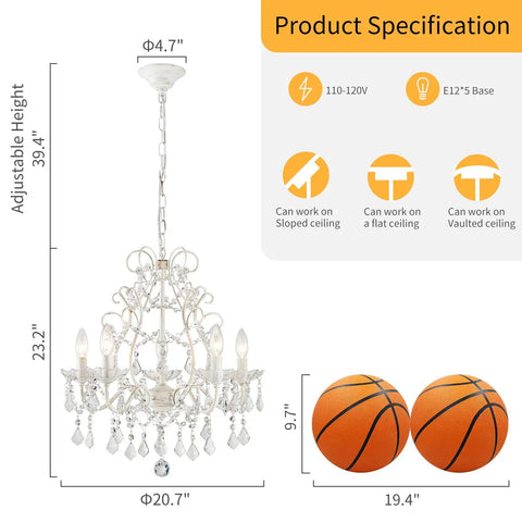 Five Light Crystal Candle Chandelier With Adjustable Chain And E12 Base For Bedroom Hallway Rustic White Ceiling Fixture shown with dimensions and compatible ceiling types.
