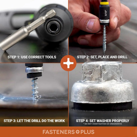 Installation steps for Micro Bit ZXL WoodBinder Self Drilling Screws for metal to wood roofing, showing drilling and washer methods.
