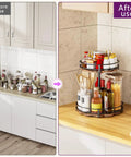 Before and after of cluttered countertop transformed using two tier lazy Susan organizer with adjustable heights for spice rack