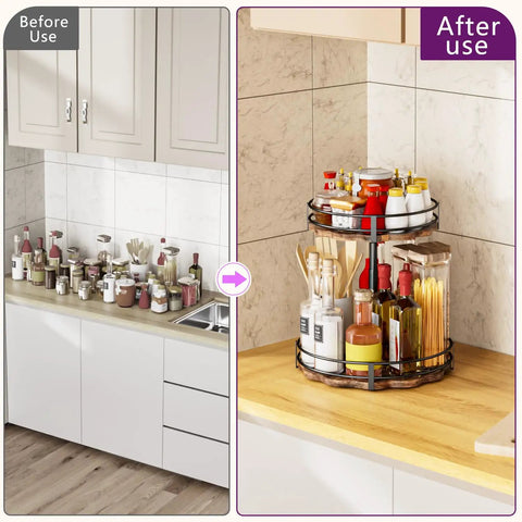 Before and after of cluttered countertop transformed using two tier lazy Susan organizer with adjustable heights for spice rack
