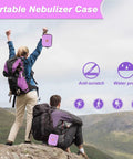 Klawdsky portable nebulizer carrying case, purple, bag-only; two cases shown with hikers.