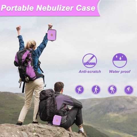 Klawdsky portable nebulizer carrying case, purple, bag-only; two cases shown with hikers.