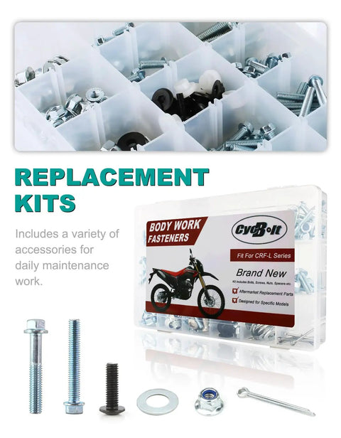 Premium Heavy Duty Blue Zinc Plated Bolt Kit For Honda CRF250 300 450 Rally Dirt Bikes in organized fastener case.