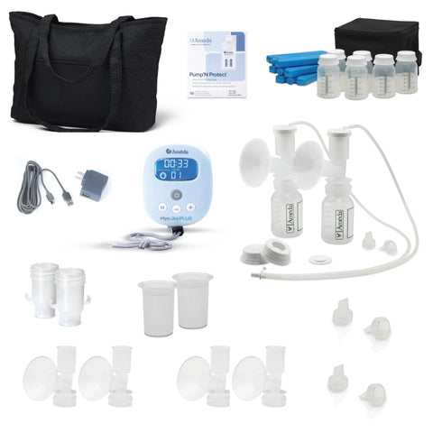 Powerhouse Rechargeable Cordless Breast Pump With Hospital Strength Suction And Dual Adjustable Settings Mama Approved Game Changing Portability Includes Deluxe Carry Tote, parts and storage bottles.