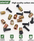 60Pcs Wood Threaded Inserts Kit With 1/4-20 x 3/4 Inch Screws And 1/4-20 Nuts Hex Socket Drive Includes Two Hex Wrenches For Furniture Fasteners Rust Resistant Carbon Steel laid out on white background.