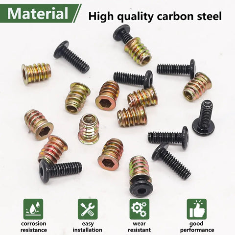 60Pcs Wood Threaded Inserts Kit With 1/4-20 x 3/4 Inch Screws And 1/4-20 Nuts Hex Socket Drive Includes Two Hex Wrenches For Furniture Fasteners Rust Resistant Carbon Steel laid out on white background.