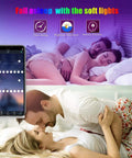 Couple relaxing with 32.8Ft RGB LED Strip Lights, app control, showcasing timer, brightness, memory function.
