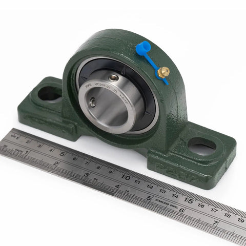 Two Pack Pillow Block Mounted Ball Bearings UCP20721 Bore One And Five Sixteenths Inches Cast Iron Housing With Rust Resistant Paint Self Aligning Chrome Steel Sealed Bearings Easy Install Durable Shaft Alignment Low Maintenance Cost Saving, green pillow block bearing with ruler