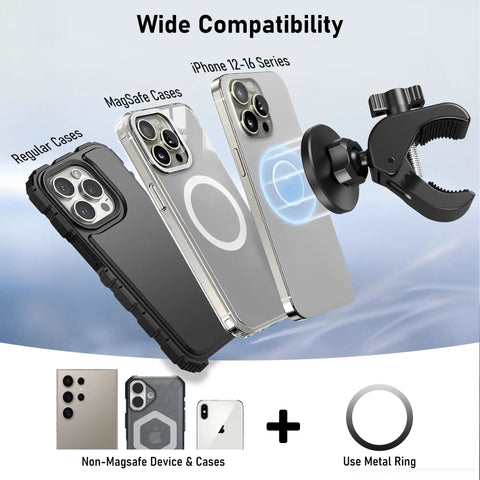 Wide compatibility of Ultra Strong Magnetic Phone Holder Clamp Mount for various iPhone 12-17 series and cases.