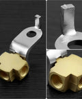 Front view of brass 3-way brake line tee with mounting bracket and 3/16" tube ports; close-ups show mounting lug and threaded ports.