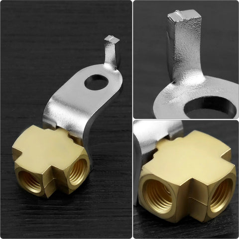Front view of brass 3-way brake line tee with mounting bracket and 3/16" tube ports; close-ups show mounting lug and threaded ports.