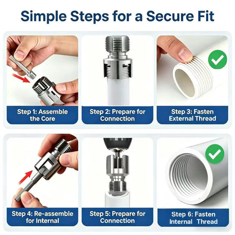 3Pc PVC Pipe Threader Kit For 1/2 Inch Up To 1 Inch Plastic Tubing showing assembly steps for secure fits and threading.
