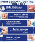 Tooth Repair Kit Moldable Filling Beads With Four Dental Tools including dental probe, gum cleaner, tartar scraper, and mouth mirror.