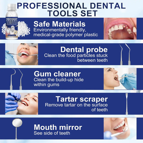 Tooth Repair Kit Moldable Filling Beads With Four Dental Tools including dental probe, gum cleaner, tartar scraper, and mouth mirror.