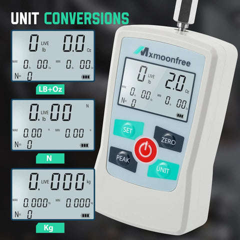 Digital Trigger Pull Gauge 110 Lb Capacity, Pro Grade Force Meter With Switchable Units Lb, Oz, N, Kg, 500N And 50Kg Max, 0.01 Kg Resolution, 1 Oz And 0.1 N Readouts, Accurate Measurement, Includes Trigger Hook, Battery Powered; unit conversions display