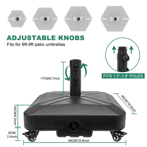 Heavy Duty Patio Umbrella Base With Wheels For Outdoor Square Market Stand, 4 Locks And 2 Knobs, Holds Sand Or Water, Stable 41.8 Pound Capacity, Black, adjustable knobs fit 6ft-9ft umbrellas